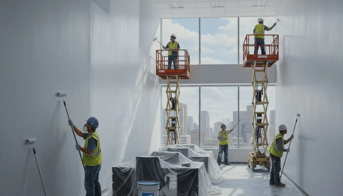 Commercial painting crew applying durable coatings on a Kansas City, KS business exterior