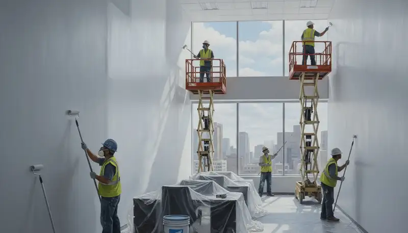 Commercial painting crew applying durable coatings on a Kansas City, KS business exterior