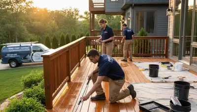 Kansas City Paint Pros staining a wooden deck in Kansas City, KS for weather protection and curb appeal