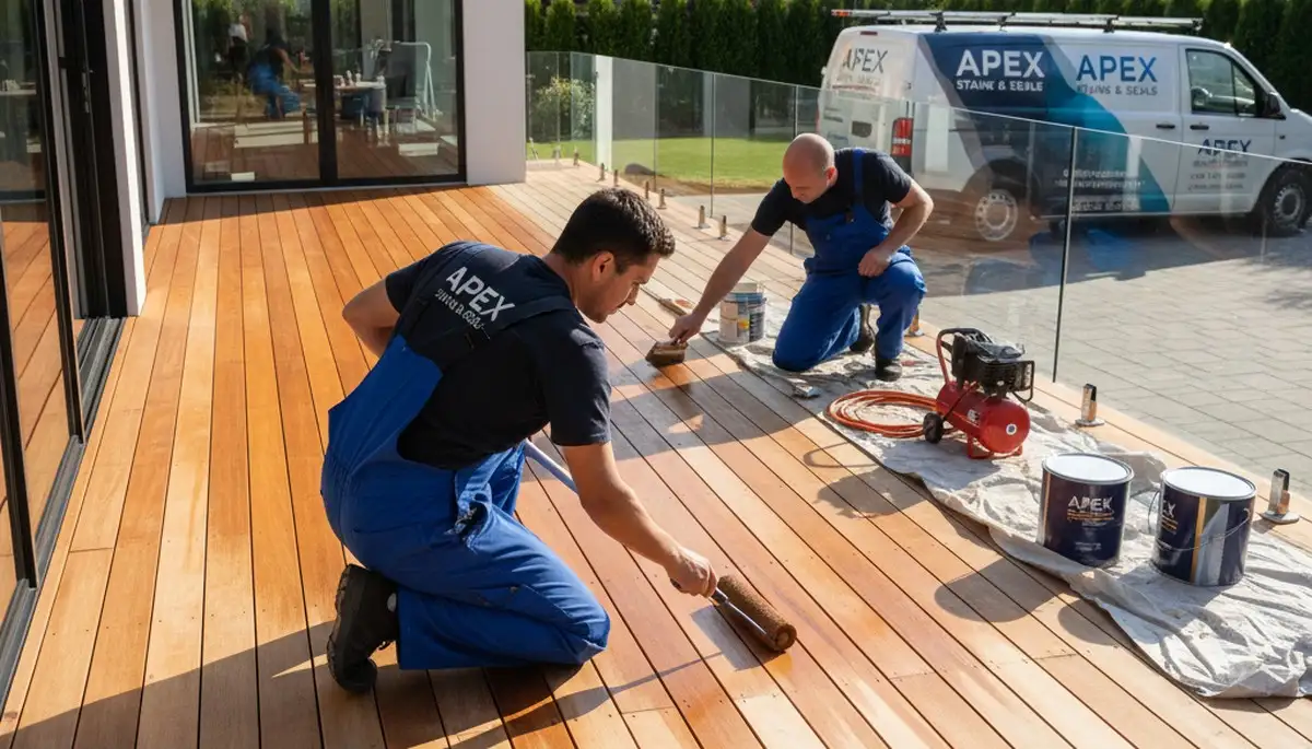 Kansas City Paint Pros staining a deck in Kansas City, KS to protect and enhance outdoor wood surfaces